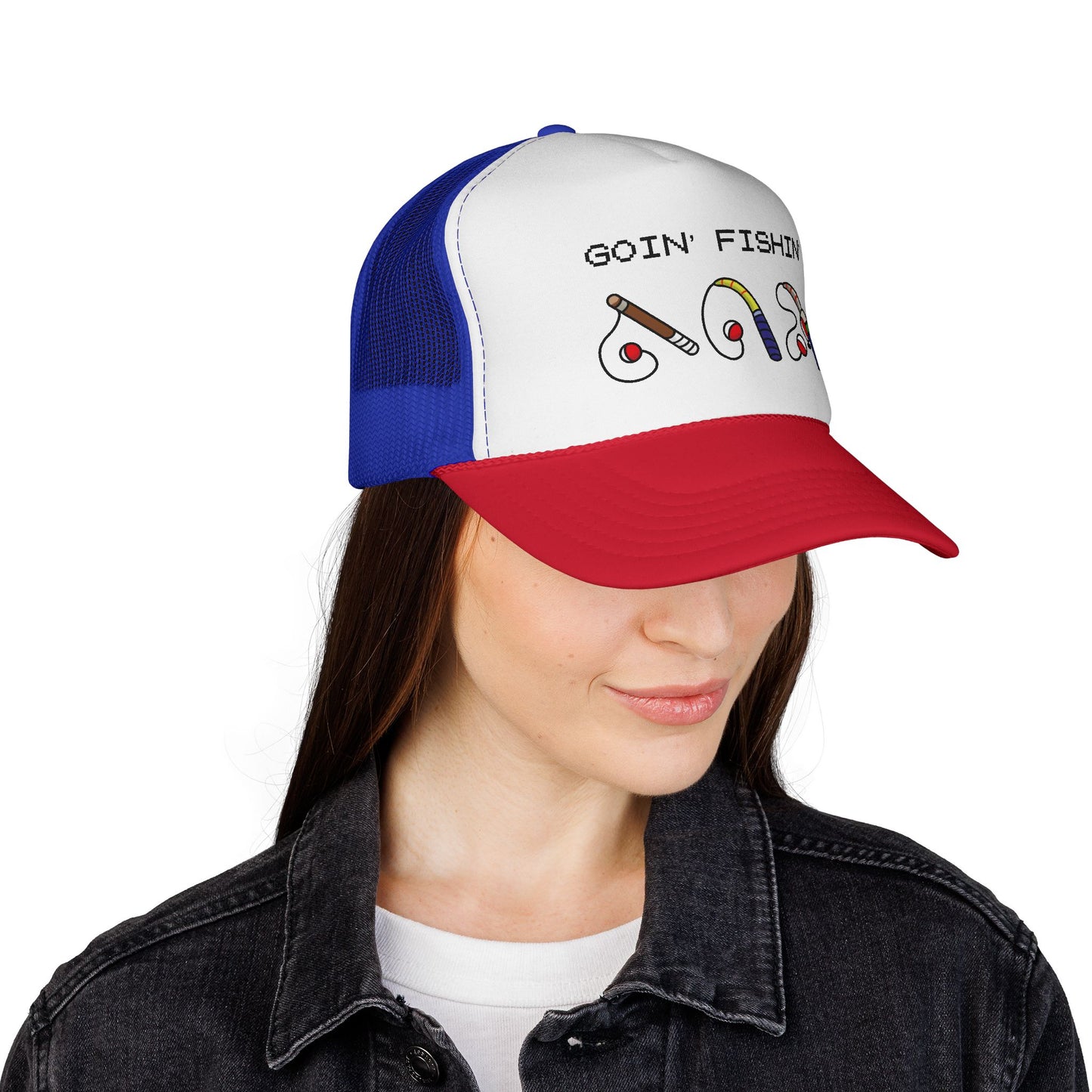 Goin' Fishin' Trucker Cap — Retro Fishing Hooks & Rods Hat