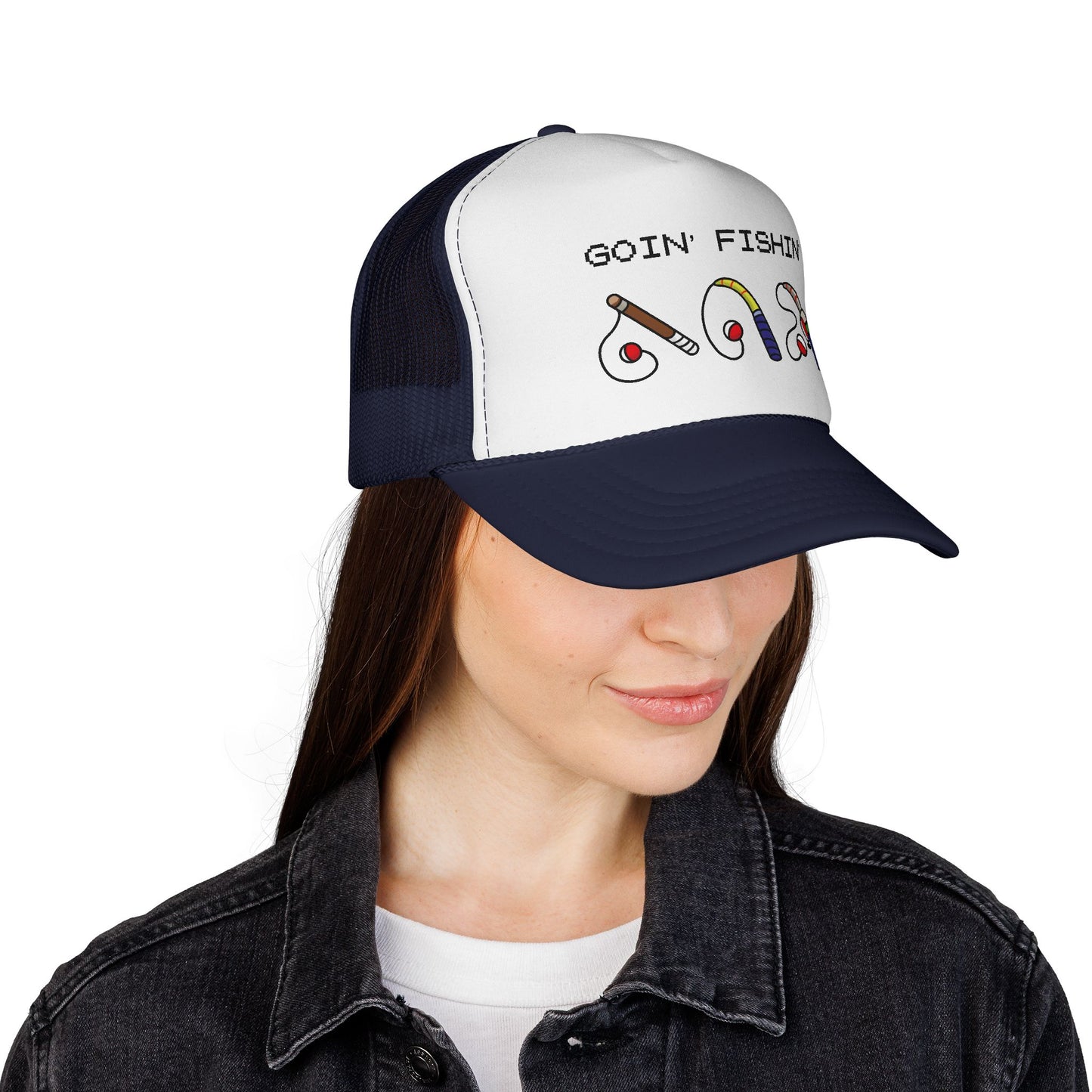 Goin' Fishin' Trucker Cap — Retro Fishing Hooks & Rods Hat